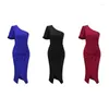 Robes Décontractées Femmes Manches Courtes Une Épaule Torsadée Devant Robe Midi Couleur Unie Paquet Hanche Asymétrique Split Wrap Ourlet Crayon Dresse