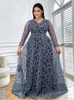 Plus Size Jurken 4XL Vintage Voor Vrouwen 2023 Gedrukt Fluffy See Through Tulle Lace Lange Mouwen V-hals Fit Flare Verjaardag PartyPlus