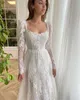 Fashion Lace A Line Wedding Dresses Square Neck Long Sleeves Wedding Dress Sweep Train designer bridal gowns