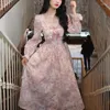 Casual Dresses 2023 Spring Autumn Women Fairy Dress Square Collar Pink Printed Bow High Waist Floral Feminine Midi Ladies