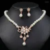 Ketting Oorbellen Set TREAZY Elegante Gesimuleerde Parel Bruidssieraden Strass Parels Bloemen Druppel Bruiloft Voor Vrouwen