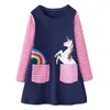 Girl Dresses Jumping Meters 4-8T Dog Embroidery Children's Princess Girls Striped Animals Long Sleeve Autumn Kids Birthday Dress