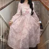 Casual Dresses 2023 Spring Autumn Women Fairy Dress Square Collar Pink Printed Bow High Waist Floral Feminine Midi Ladies