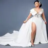 2021 Plus Size Arabic Aso Ebi Mermaid Lace Crystals Wedding Gowns Sheer Neck High Split Detachable Train Bridal Dresses ZJ575251S