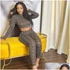 Women'S Two Piece Pants Women Designers Clothes 2023 Street Style Fashion Round Neck Back Print Long Sleeve Open Navel Top Tight Hip Dhfam