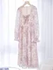 Casual Dresses 2023 Spring Autumn Women Fairy Dress Square Collar Pink Printed Bow High Waist Floral Feminine Midi Ladies