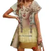 캐주얼 드레스 9 개의 펜실클 백 레이싱 등이없는 드레스 스퀘어 목 플러스 크기 우아한 여성 빈티지 디지털 아트 워크