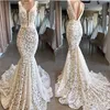 Image réelle sirène robes de mariée 2020 pleine dentelle modeste col en v dos nu pays bohème plage mariée robes de mariée robe de mariee201N