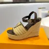 Designer Vrouw Stuurboord Wedge Sandalen Stro Sandalen Open teen Platform Rundleer Wedge Pumps Stro Bodem Klassieke Espadrille Dames Met Doos