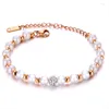 Link Bracelets Stainless Steel Delicate Rose Gold Zircon Ball Stone Pearl Women Ladies Bracelet Bangle Gift For Him