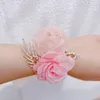 Link Bracelets Girls Bridesmaid Wrist Flowers Pearl Rhinestones Boutonniere Satin Rose Bracelet Fabric Hand Wedding Party Accessories