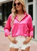 Kvinnors blusar Kvinnor Kvinnor Rose Red Shirts Elegant Stain Silk Spring Summer 2023 Botton Up Office Ladies Oversize Long Sleeve Tops