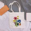 Shoppingväskor Little Daisy Floral Summer Wild Plant Canvas Axel tygväska för kvinnor handväskor Eco återanvändbart vintage mode