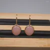 Dangle Earrings Real Silver 925 For Women Female Fine Pink Chalcedony Round Gemstone 18K Gold Plated Hook 24 12mm