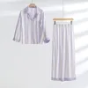 Women's Sleepwear Autumn Ladies Cotton Viscose Long Sleeve Trouser Pajama Women Homewear Suit Purple Striped Printed Conjunto Femenino