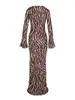 Lässige Kleider Lizxun Damen Mode Zebra-Druck Langarm, figurbetontes Kleid, ausgestellte Manschette, runder Kragen, schmaler Rock, Party