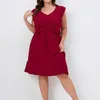 Plus Size Dresses Women's Valentine Day Solid Color Ruffle Trim Dress V-neck Summer Elegant