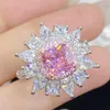 Cluster Rings Luxury Big Pink Crystal Flowers Diamonds Gemstones For Women 18k White Gold Filled Fine Jewelry Bijoux Party Accessories