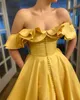 Fashion Gold Prom Dresses Ruffle Off Shoulder Evening Gowns Front Button Slit A Line Formal Red Carpet Long Special Occasion Party dress