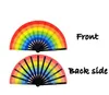 34 cm großer, faltbarer großer Regenbogen-Handfächer, Partygeschenk mit personalisiertem Design, bedruckt, schwarzer Bambus-Satin-Seidenstoff, Festival SN815