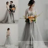 Robes de mariée d'été en dentelle tulle gris col en V dentelle demi manches une ligne robes de mariée sur mesure bohême robes de mariée280z