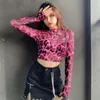 Vrouwen Blouses 2023 Sexy Roze Luipaard Print See-Through Mesh T-shirt Vrouwelijke Half Hoge Hals Vrouwelijke Y2K Koreaanse Mode