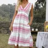 Casual Kleider 2023 Bohemian Gestreiften Kuchen Kleid Mode Sommer V-ausschnitt Sommerkleider Für Frauen Vintage Ärmel Lose Lange