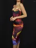 Robes décontractées Femmes S Spaghetti Strap Bodycon Midi Dress Y2K Tie-dye Print Low Cut Ruched Cami Boho Backless Beach Sundress