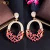 Knot Pera Fantastisk afrikansk guldfärg Fuchsia CZ Zircon Long Round Dangle Drop Luxury Banket Party Earrings For Women Jewelry E972