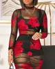 Casual Dresses Elegant For Women 2023 Black Strap Short Skirt Paired With Fashion Flower Print Transparent Mesh Sexy Skinny Slit Dress