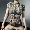 Women's Blouses 2023 Summer Women's Top Snake Print Short Sleeve T-shirt Half High Collar Wear