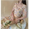 Party Dresses Floral French Dress Elegant Women 2023 Summer V-ringen Kort ärm Sair Print Chic Retro Sweet One-Piece Korean