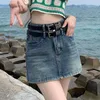 Skirts Korean Style With Double Belt Denim 2023 Summer Blue A Line Mini Skirt Woman High Waist Slim Jeans Shorts