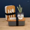 Ensembles de vaisselle récipient de couverture en bois de style japonais avec cuillère Portable micro-ondes boîte à Bento employé de bureau étudiant déjeuner