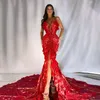 Leuchtendes rotes Abendkleid mit hoher Gabel, neues sexy tiefes V-Ausschnitt-Party-Brautkleid, Robes De Mariee, Sweep-Zug, individuelle Farben