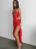 Robes Décontractées RLMABABY Sexy Femmes Évider Volants Longue Robe Moulante Asymétrique Été Élégant Mode Dos Nu Club Party Slim Rouge