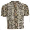 Women's Blouses 2023 Summer Women's Top Snake Print Short Sleeve T-shirt Half High Collar Wear