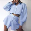 Women's Tracksuits Blue Y2K Casual Plaid Lounge Wear Women Tracksuit Shorts Suits Long Puff Sleeve Shirt Loose Tops And Mini Two Piece Set