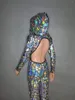 Scene Wear Hip Hop Jazz Dance Overalls Costume Sexig rygglös Silver Laser Spegors Hooded Jumpsuit Bar Show