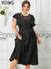 Casual Dresses Yoins Elegant Black Midi Dress Women Short Sleeve Ruffled Shirt Sundress Plus Size 2023 Summer Casual Lace Patchwork Vestidos X0625