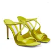 Sandaler Green Satin Square Toe High Heel Slippers Cross Strap Slip on Summer Shoes Hollow Celebrating Party