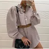 Women's Tracksuits Blue Y2K Casual Plaid Lounge Wear Women Tracksuit Shorts Suits Long Puff Sleeve Shirt Loose Tops And Mini Two Piece Set