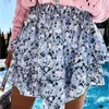 Rokken CHURSES Vrouwen Mini Rok Prairie Chic Ruches Roze Bule Print 2023 Mode Vakantie Sexy Zomer