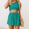 Damen-Shorts, Sommer-Outfits, ärmellos, zweiteilig, bauchfreies Top und hoch tailliertes Loungewear-Set, modisch, einfarbig, für Strandurlaub