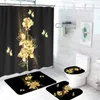 Shower Curtains Shiny Blue Golden Rose Waterproof Curtain Set Toilet Cover Mat Nonslip Bath Rugs Bathroom Valentines Day Christmas Decor 230625