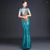 Etniska kläder påfågel broderi paljetter kinesisk stil long cheongsam sexig smal fest kväll klänning scen dans dressing qipao vestidos