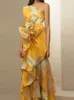Podstawowe sukienki swobodne Kobiety Drukuj asymetryczną sukienkę BodyCon vintage bez pleców bez rękawów długi szat