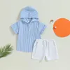 Ensembles de vêtements FOCUSNORM 3-7Y enfant en bas âge enfants garçons vêtements 2 pièces rayé à manches courtes à capuche t-shirts cordon Shorts été