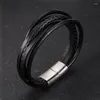 Charm Bracelets 2023 Trendy Black Color Multilayer Hand-Woven Wrap Men Leather Punk Friendship Bangle For Male Gift