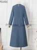 Robes Décontractées ZANZEA Femmes Denim Bleu Robe Musulmane De Mode À Manches Longues Abaya Robe Printemps Couleur Unie Maxi Robes Vintage Robe De Soirée 2023 x0625